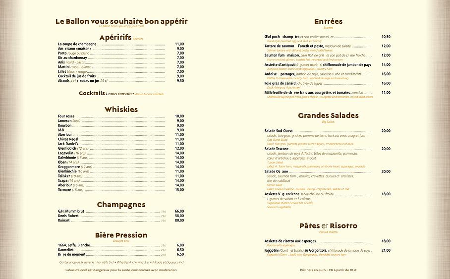 La carte de notre restaurant à La Défense Restaurant Le Ballon